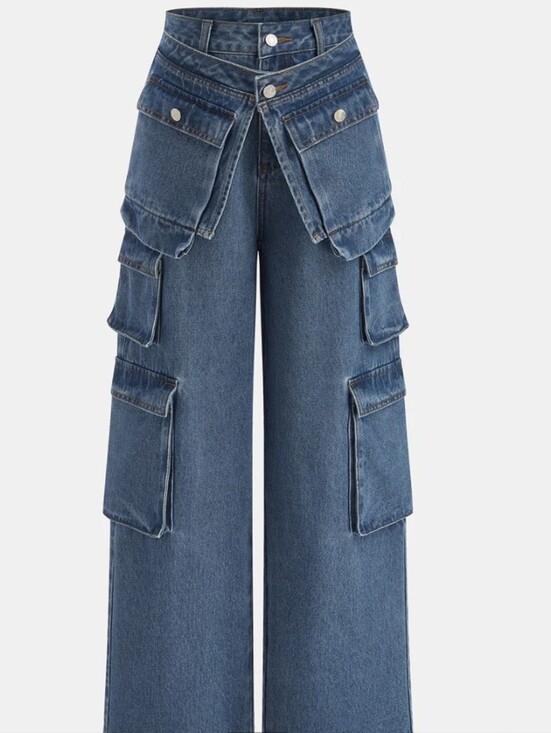 Commense Denim - Commense Denium Cargo Jeans Multi Pocket Belted Wide Leg L NWT